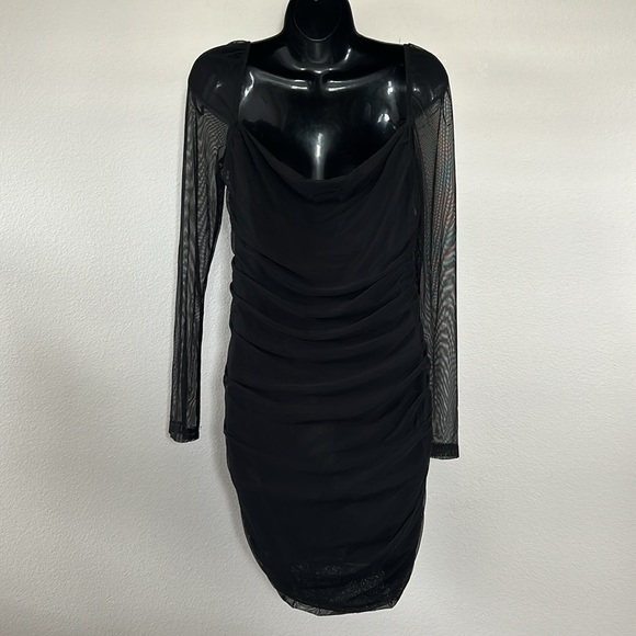 Princess Polly Charvi Black Mesh Long Sleeve Square Neck Ruched Mini Dress - Picture 8 of 11